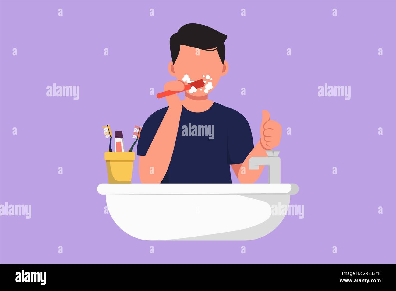 Cartoon flat style drawing man brushing teeth with thumbs up gesture ...