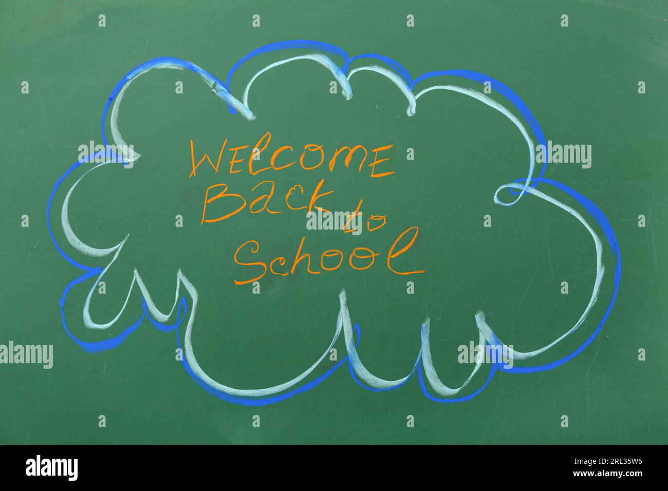 Text WELCOME BACK TO SCHOOL and drawings on green chalkboard Stock ...