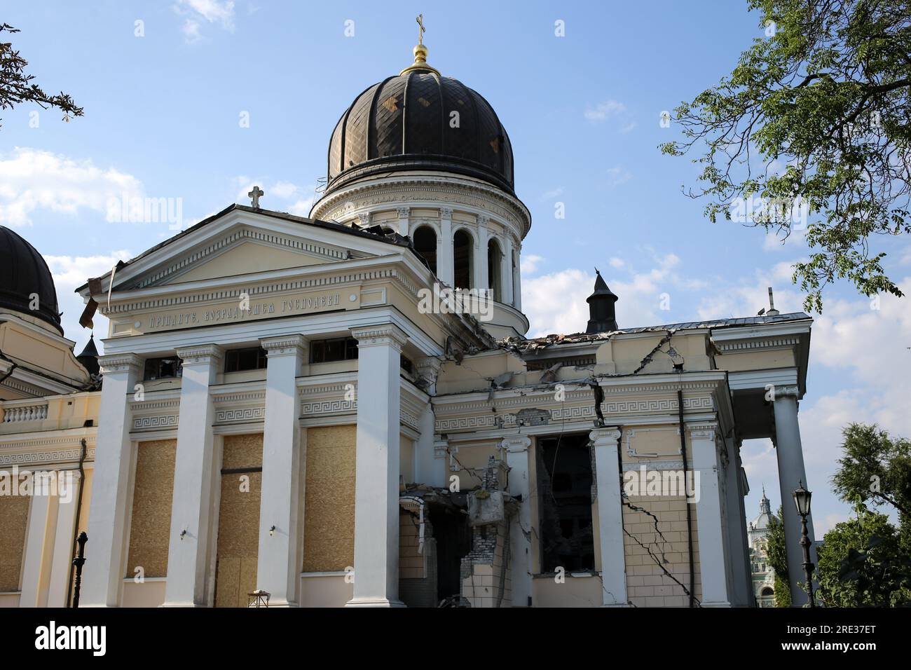 The damaged Spaso-Preobrazhensky Cathedral (Transfiguration Cathedral) at the Cathedral Square. The day after the rocket attack in Odessa. According to the Operational Command 'South', the Russian forces fired missiles in Odesa on the night of July 23, 2023, with 5 types of missiles of all types based: Caliber, Onyx, Kh-22, Iskander-M. The port infrastructure, 6 residential buildings, and the Spaso-Preobrazhensky Cathedral (Transfiguration Cathedral) were damaged. So far 1 person has died and 22 people are injured. Among them are 4 children: 11, 12 years old and two 17-year-olds. (Photo by Vi Stock Photo