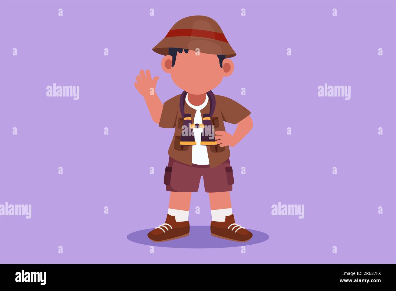 Graphic flat design drawing little boy scout wearing safari outfit complete with hat, carrying bag and draping binoculars. Adorable kid adventurer lea Stock Photo