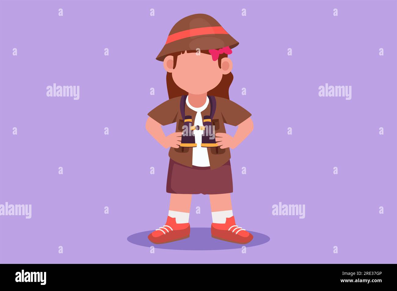 Character flat drawing beauty little girl scout wearing safari outfit complete with hat, carrying bag and draping binoculars. Cute kid adventurer lear Stock Photo