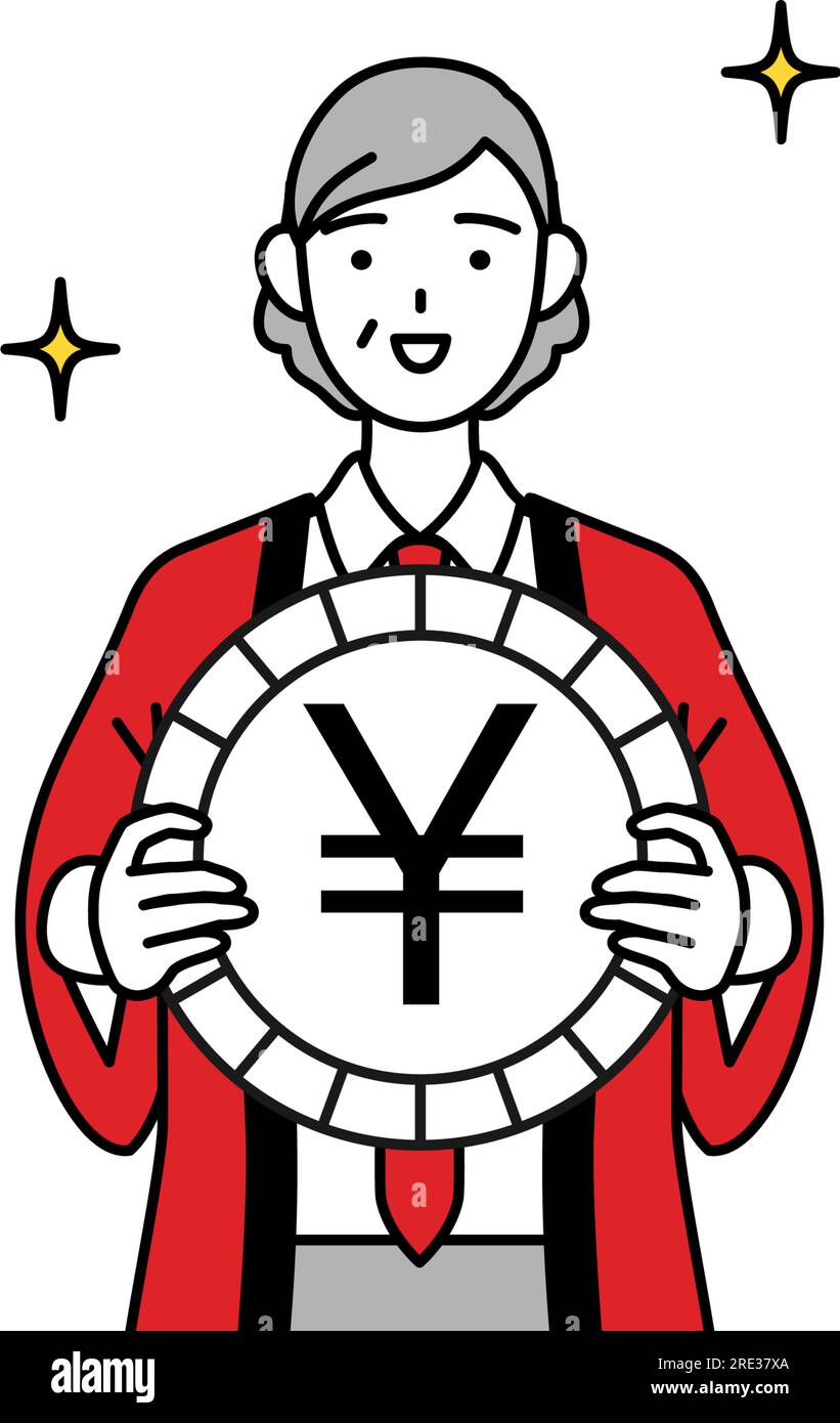 Senior woman wearing a red happi coat an image of foreign exchange ...