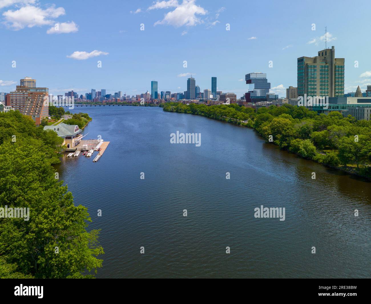 Aerial view of Cambridge on the left and Boston Back Bay on the right