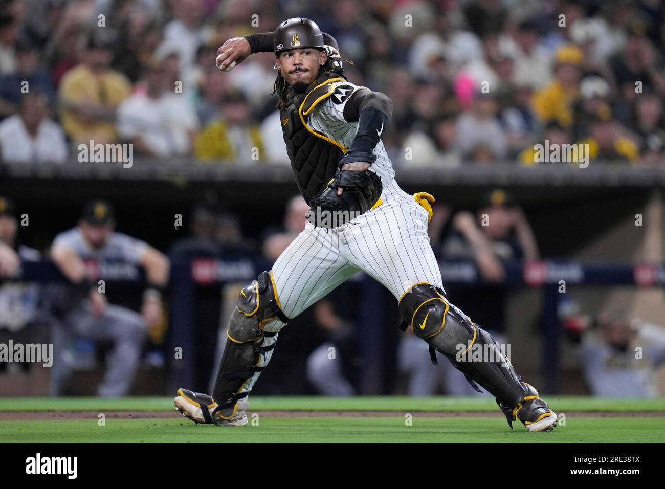 San Diego Padres catcher Luis Campusano throws to first for the out on ...