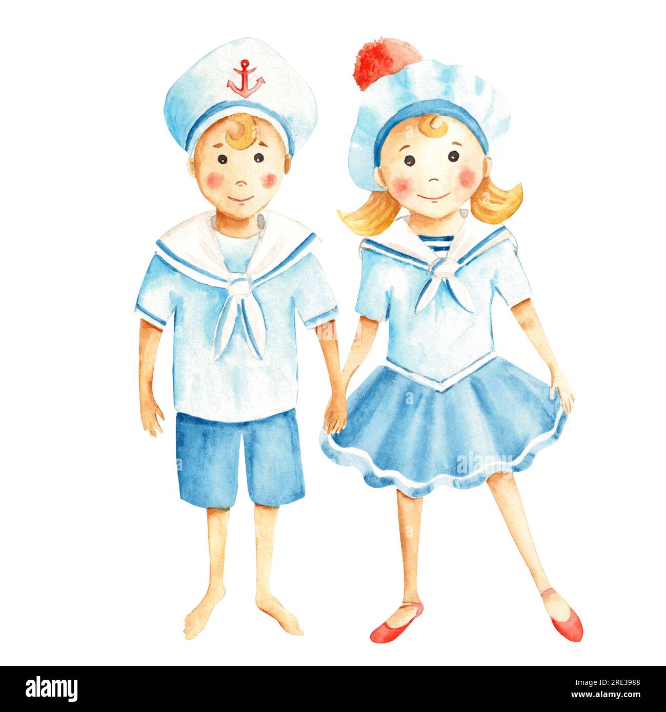 Cute little sailor boy and girl in a marine suit. Watercolour nautical illustration for children. Hand painted on white background. For children cards Stock Photo