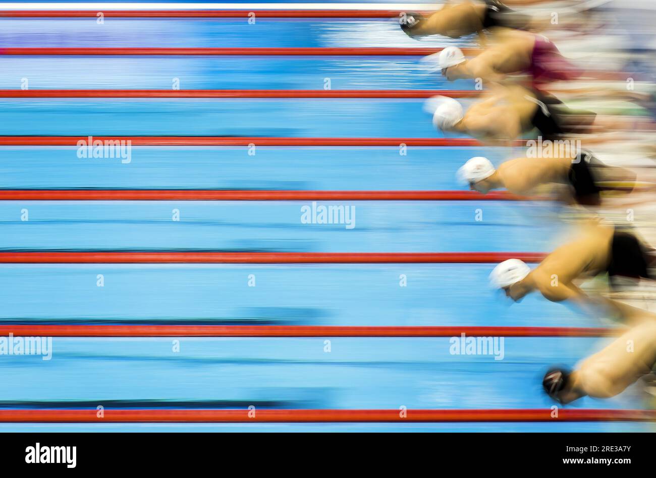 FUKUOKA - Swimmers start the men's 200 butterfly during the third day of the World Swimming Championships in Japan. ANP KOEN VAN WEEL Stock Photo
