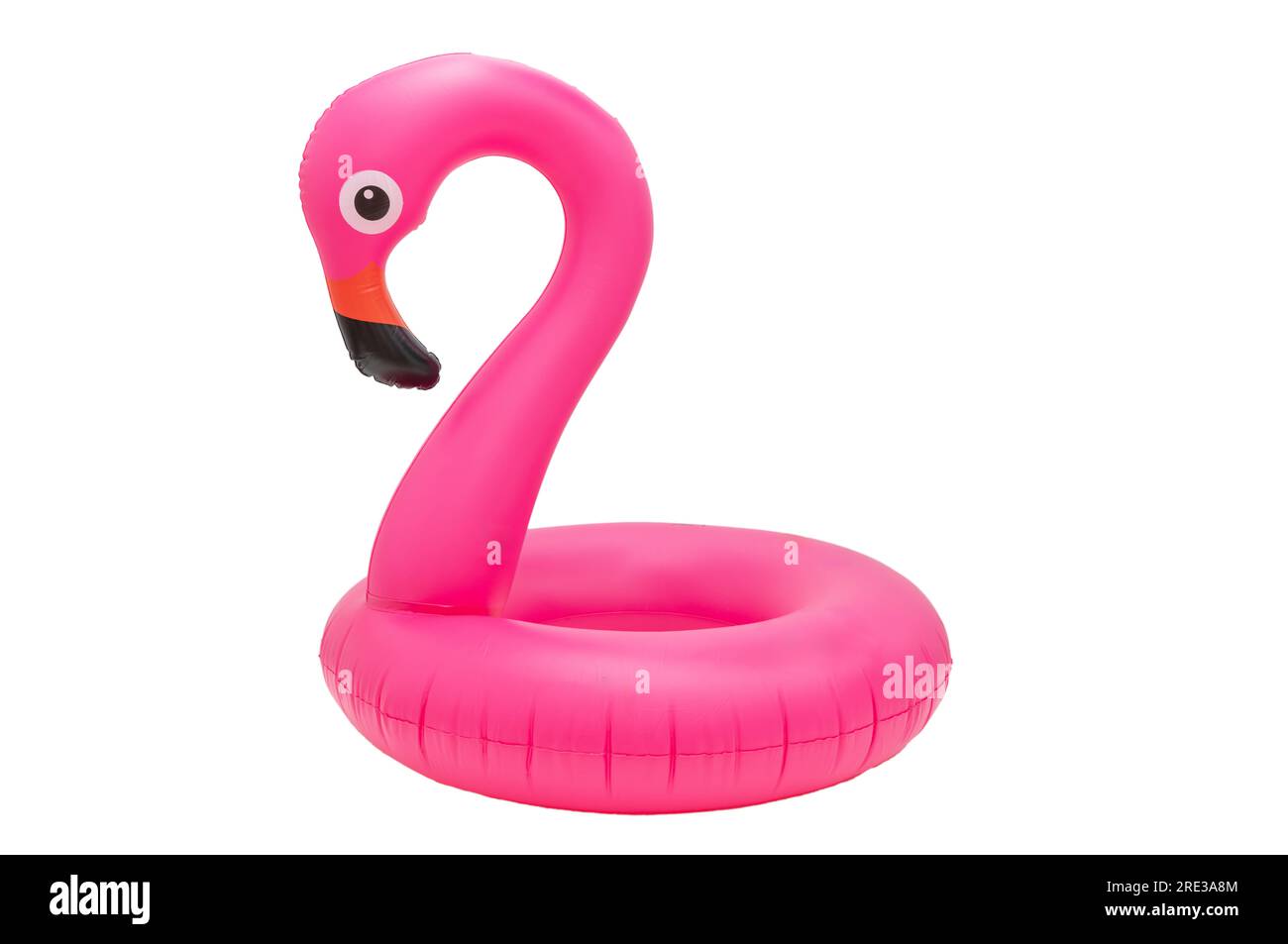 Pink flamingo inflatable buoy ring isolated on white background, Lifebuoy kids swimming safety Stock Photo