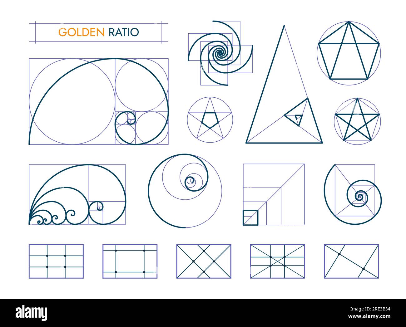Golden ratio proportions, composition balance. Vector set of geometric  shapes, divine Universal meanings. Spiral, grid, fibonacci array for  aesthetica Stock Photo - Alamy