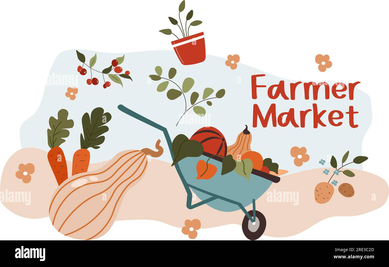 Selling fruits and vegetables grown on farm, farmer market offering zucchini, pumpkins and carrots, potato and cherries. Wheelbarrow with harvested pr Stock Vector