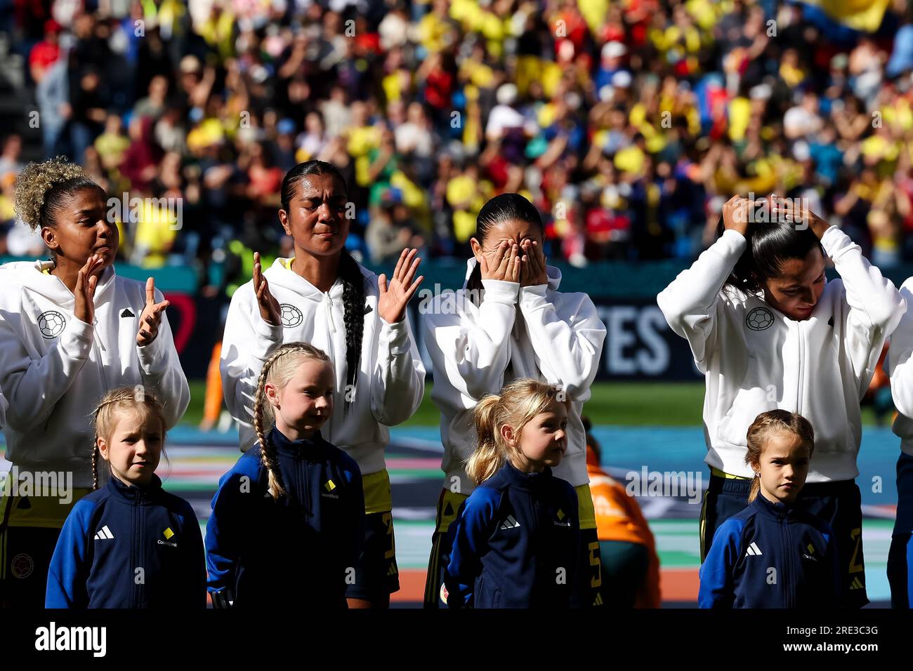 Sydney, Australia, 25 July, 2023. Lorena Bedoya Durango of Colombia wipes tears from her eyes after national anthem during the Women's World Cup football match between Colombia and South Korea at Allianz Stadium on July 25, 2023 in Sydney, Australia. Credit: Damian Briggs/Speed Media/Alamy Live News Stock Photo