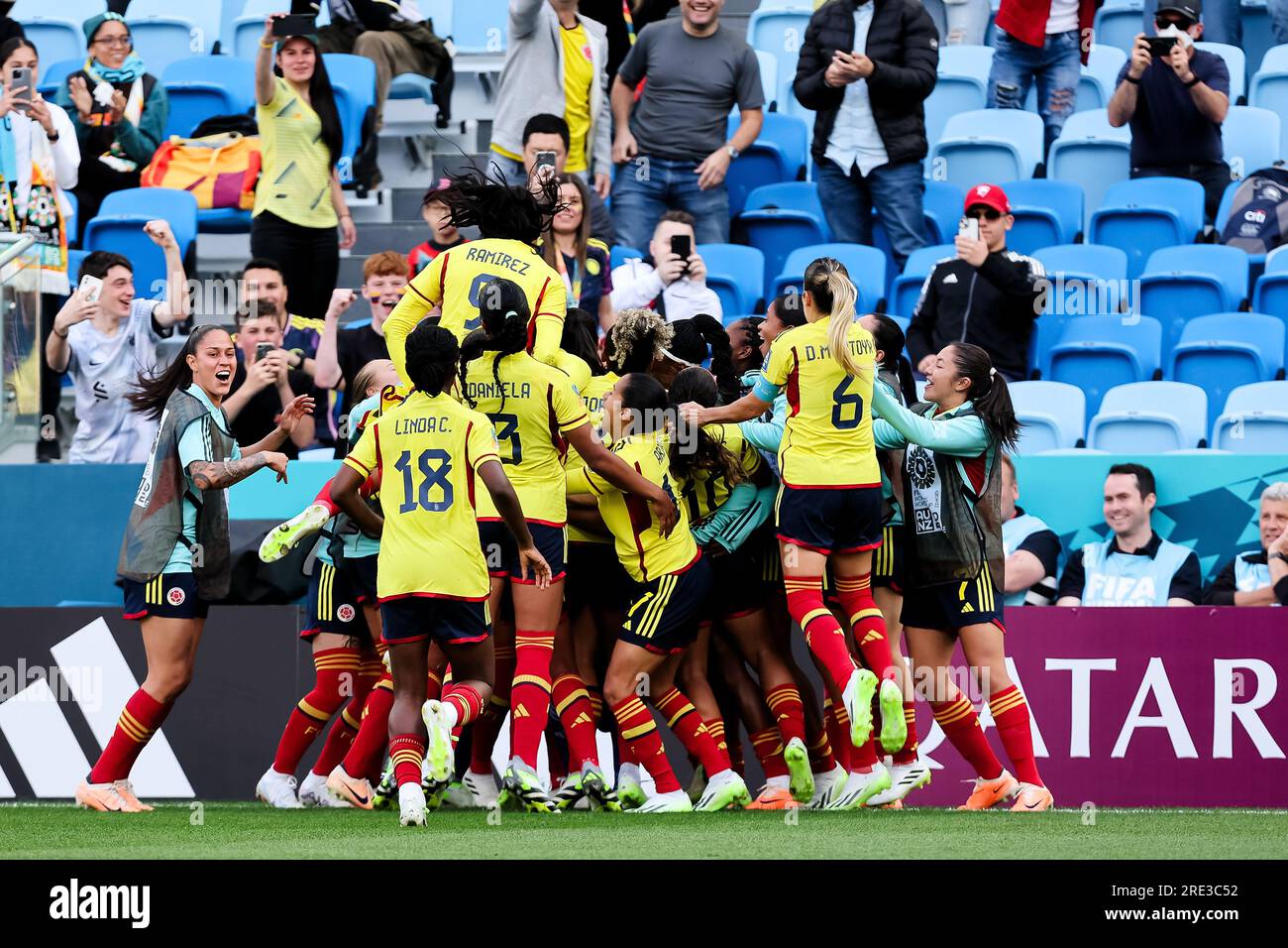 Sydney, Australia, 25 July, 2023. Colombia celebrate the opening goal during the Women's World Cup football match between Colombia and South Korea at Allianz Stadium on July 25, 2023 in Sydney, Australia. Credit: Damian Briggs/Speed Media/Alamy Live News Stock Photo