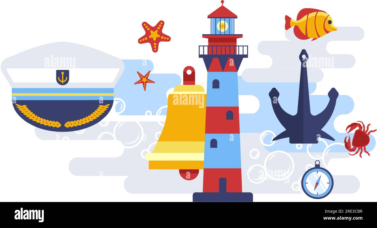 Marine themed symbols, cap of captain, beacon with light, bell and