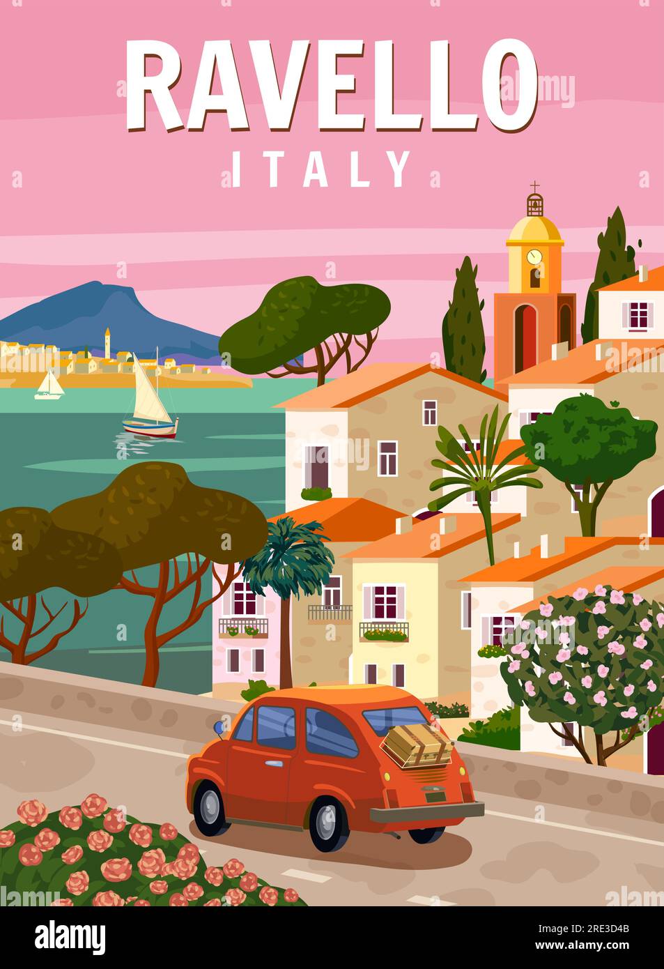 Retro Poster Italy, Ravello resort, Amalfi coast. Road retro car, mediterranean romantic landscape, mountains, seaside town, sailboat, sea. Retro Stock Vector