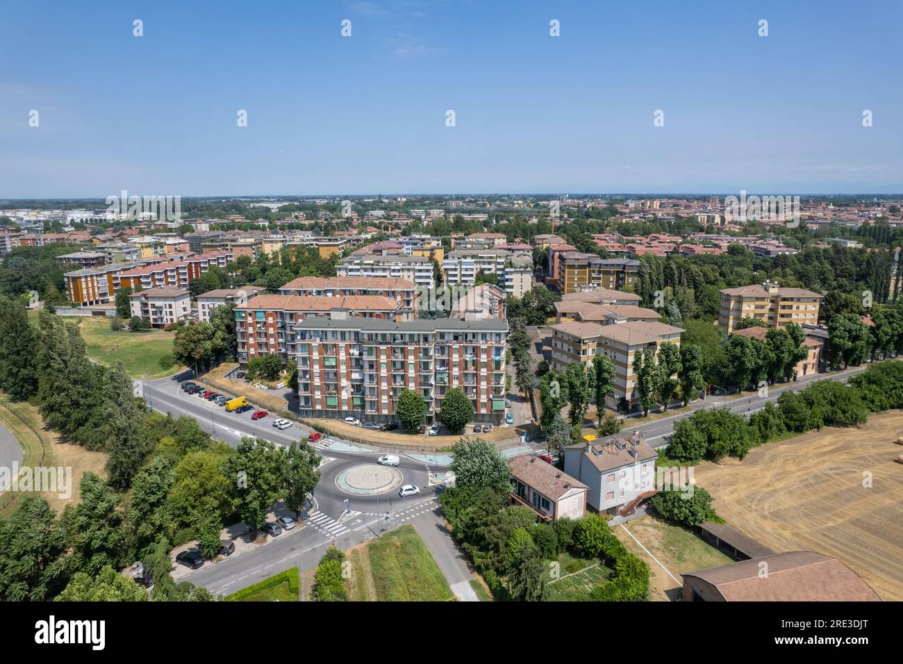 View of Po neighboorhood in Cremona, Italy. Drone aerial shot. Stock Photo