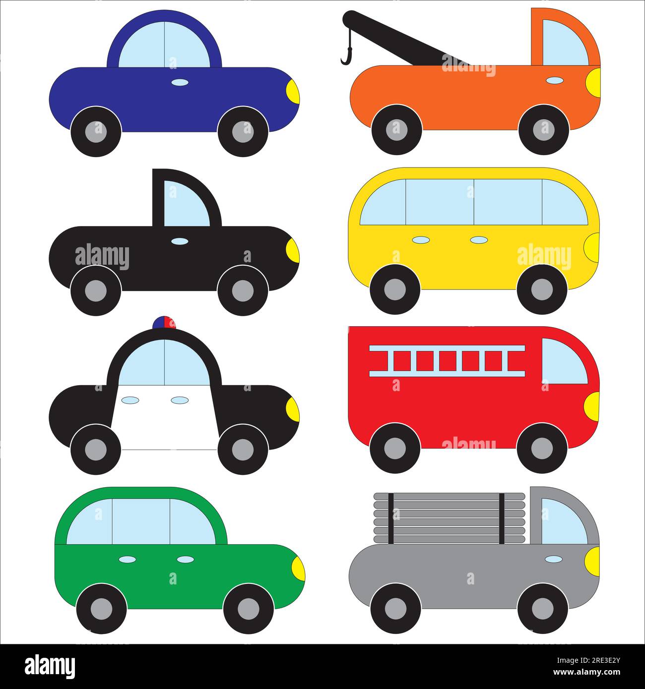 A set of assorted vehicles - car, trucks, vans, police car, fire truck, cargo truck, station wagon, and sedan Stock Vector