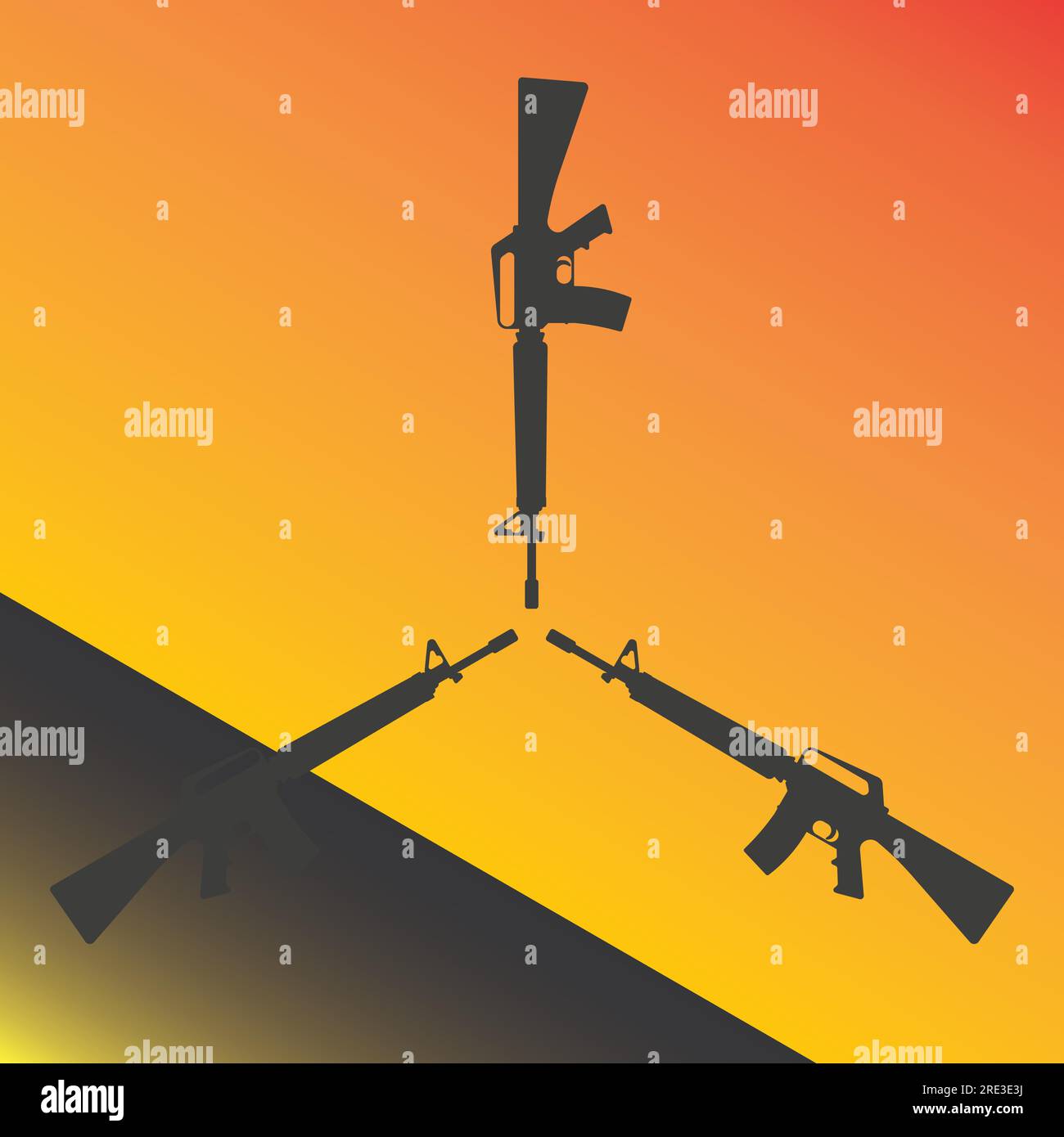 A circle of three M16 military rifles in silhouette against an orange background Stock Vector