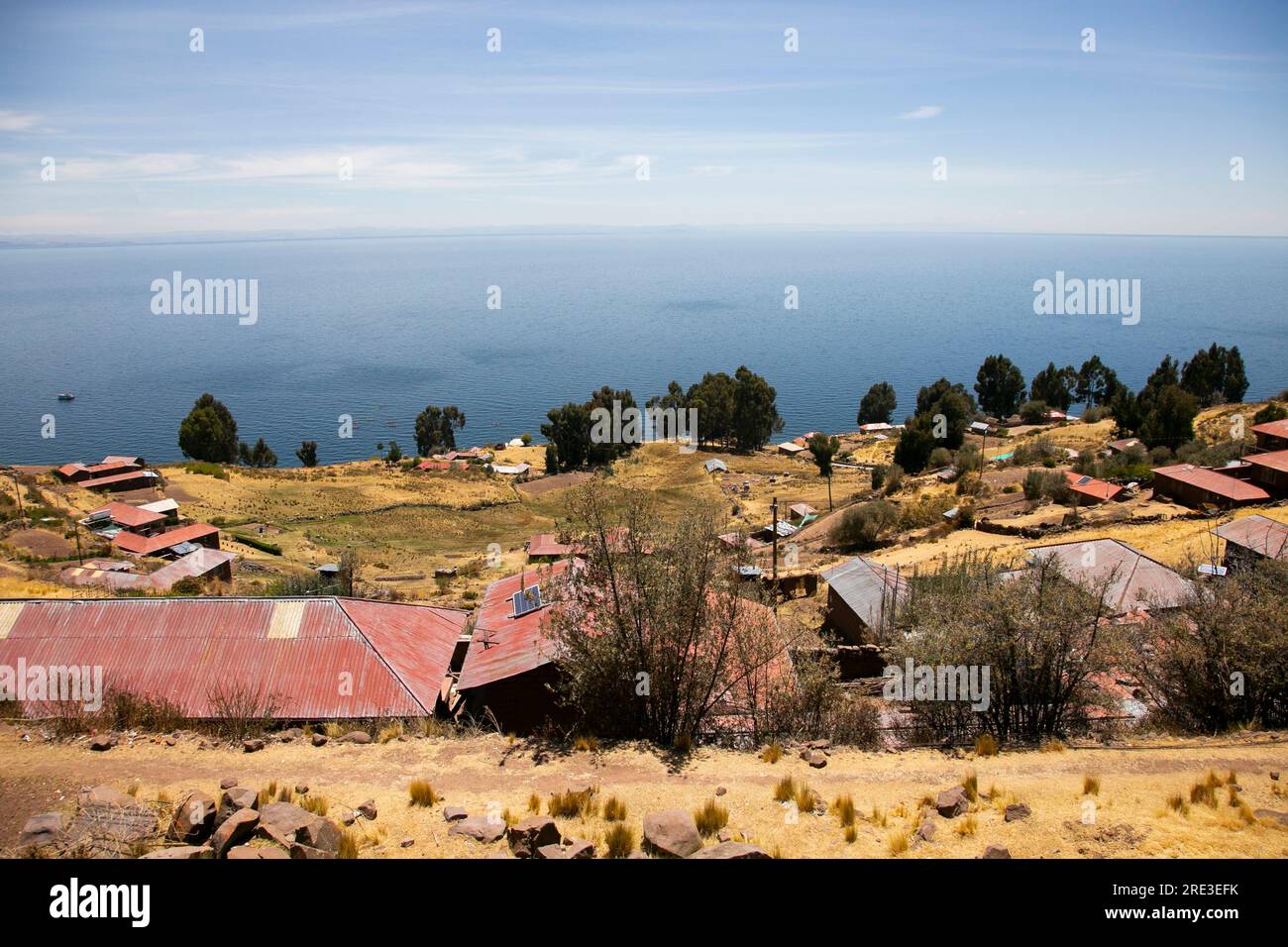 Views of Lake Titicaca from Taquile Island in Peru. Stock Photo