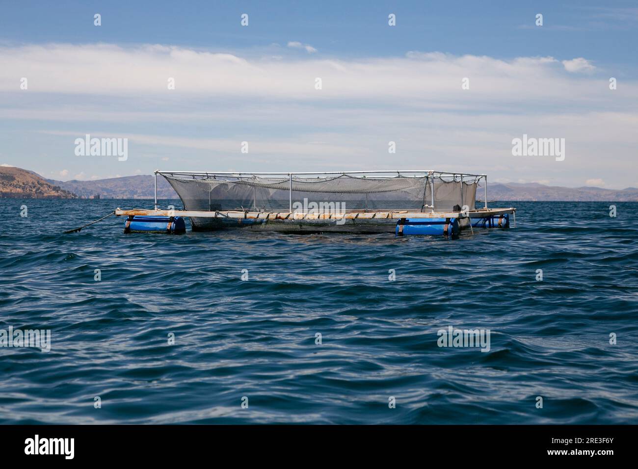 Trout fishing farm on Lake Titicaca in Peru. Stock Photo