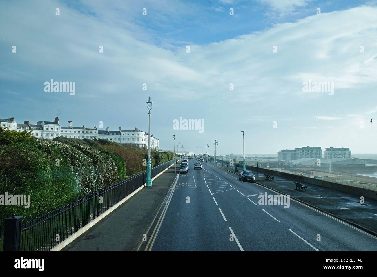 Exterior European architecture and urban building design of Brighton pier street and town with cloudy blue sky view- England, United Kingdom Stock Photo