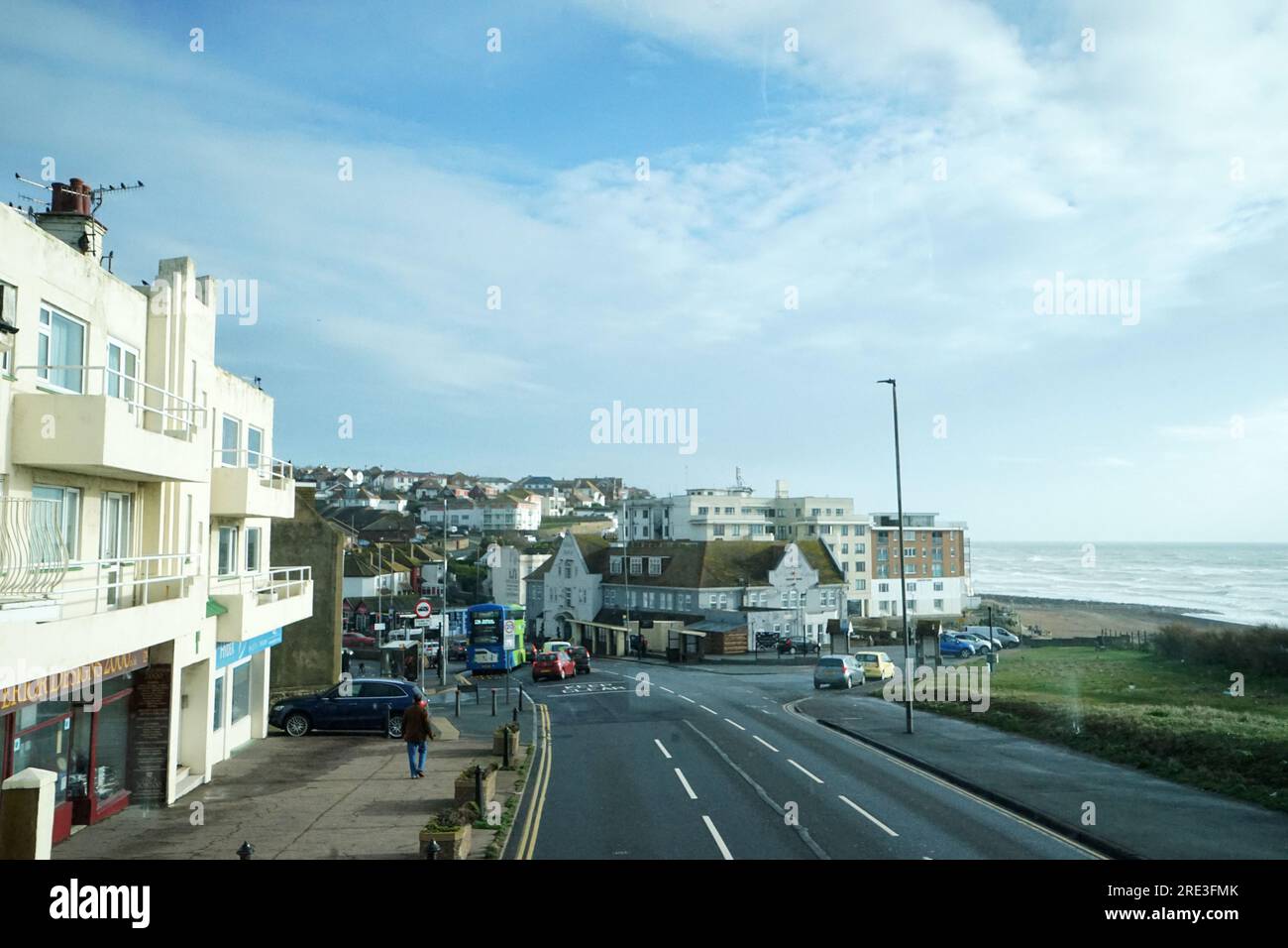 Exterior European architecture and urban building design of Brighton pier street and town with cloudy blue sky view- England, United Kingdom Stock Photo
