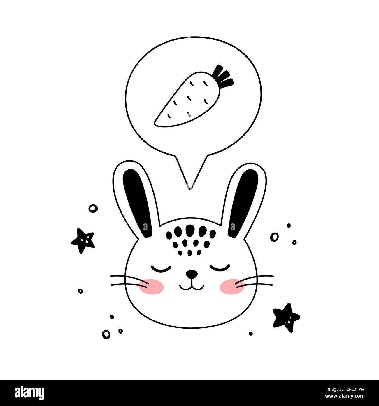 Little bunny dreamer is in doodle style. Cute cartoon Rabbit is dreaming about carrot. Hand drawn illustration. Kids design hare muzzle. Vector illustration kids coloring book Stock Vector