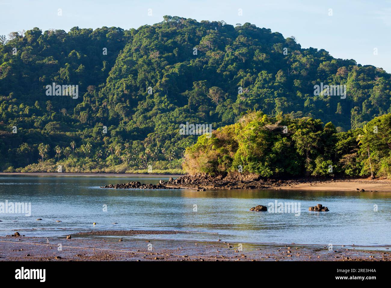 Eary morning sunlight at the northeastern side of Coiba Island, Pacific coast, Veraguas province, Republic of Panama, Central America. Stock Photo