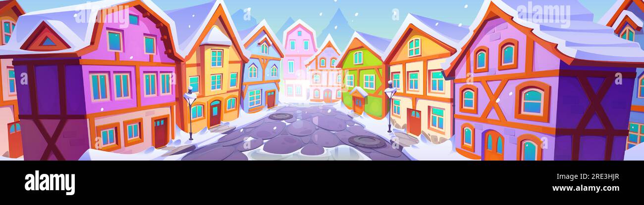 Old german town street. European city or village with medieval houses. Winter landscape with fachwerk buildings, snow and road in perspective view, vector cartoon illustration Stock Vector