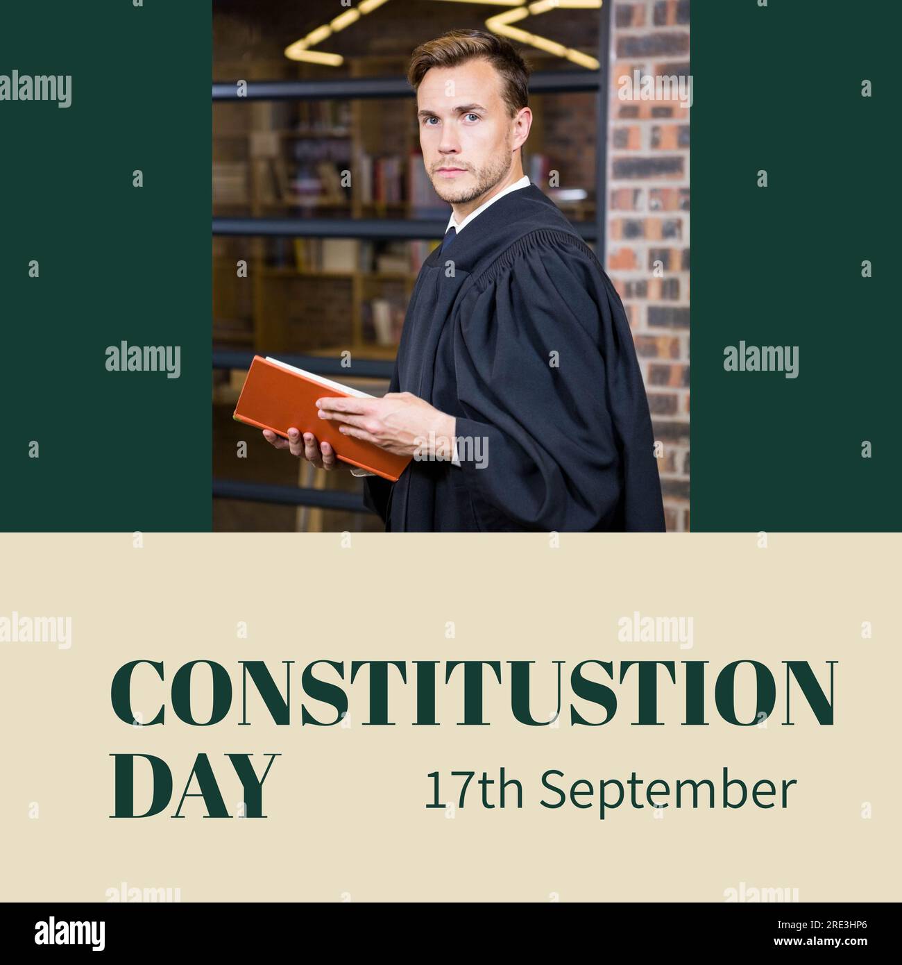 Constitution day text in green on beige and green with caucasian male attorney in gown with book Stock Photo