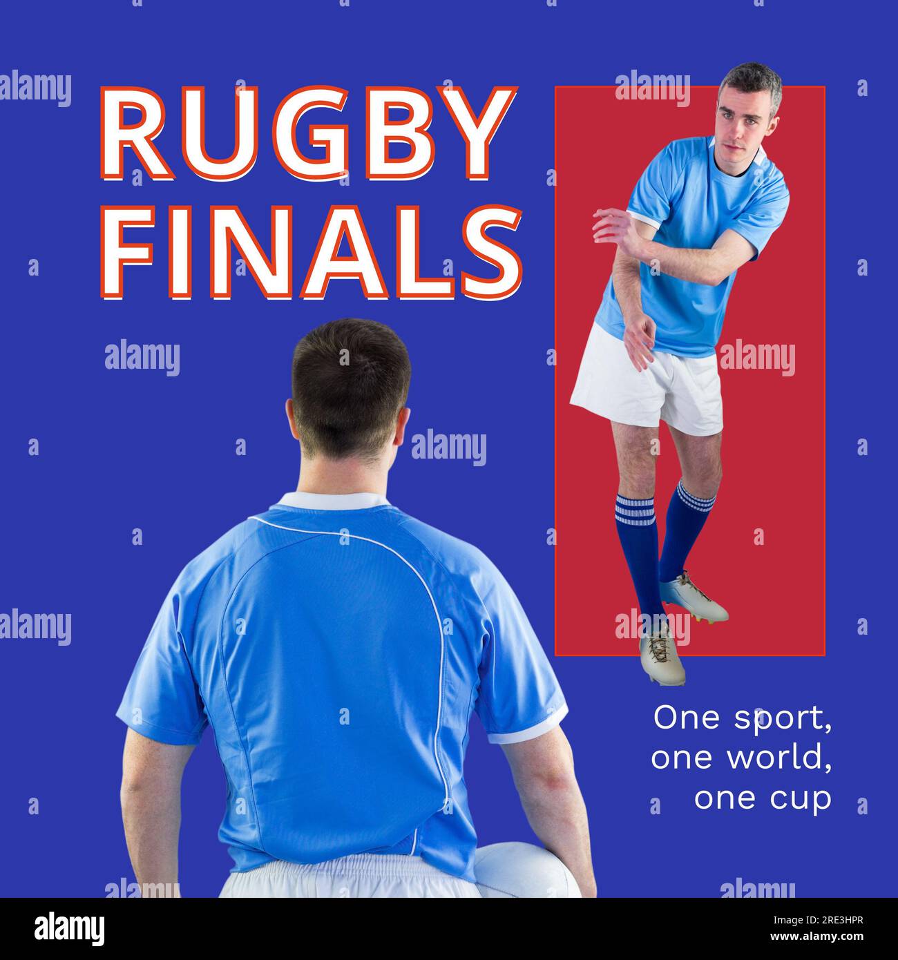 Rugby finals text in white on blue and red with two caucasian male