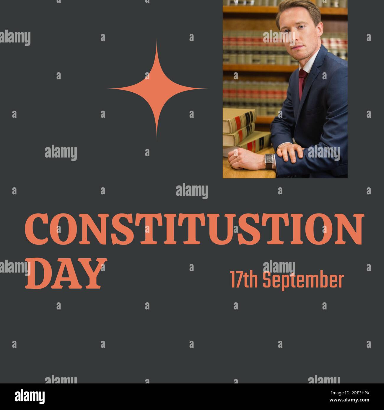 Constitution day text in orange on black with caucasian male attorney in library with books Stock Photo