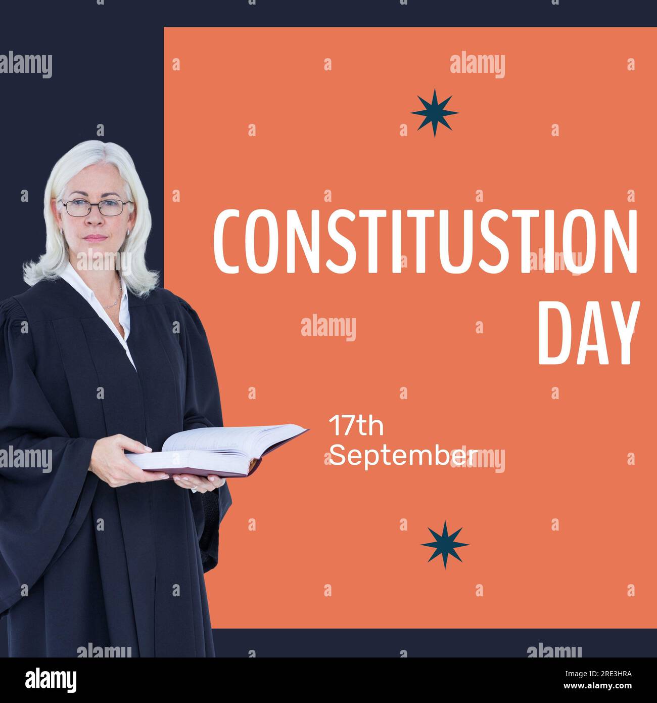 Constitution day text in white on orange and senior caucasian female attorney in gown with book Stock Photo