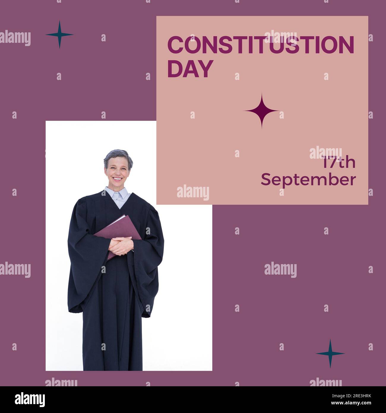 Constitution day text in purple on pink with happy caucasian female attorney in gown with book Stock Photo