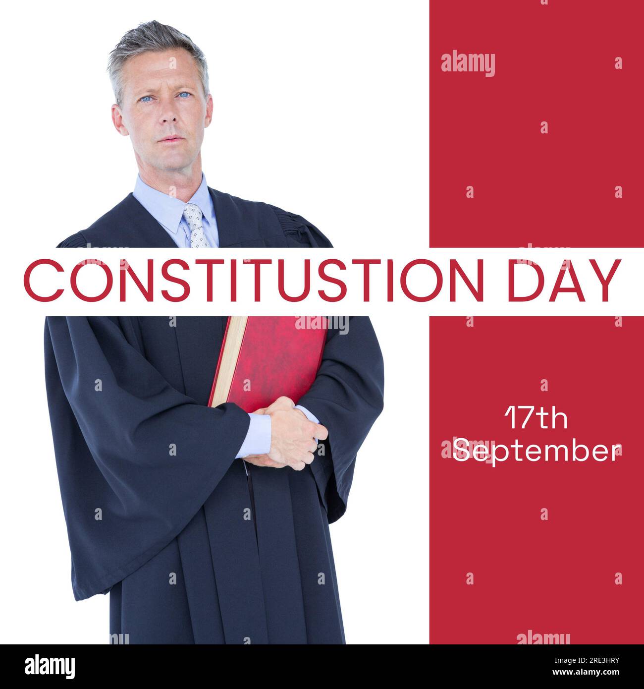 Constitution day text in red on white and red with caucasian male attorney in gown with book Stock Photo