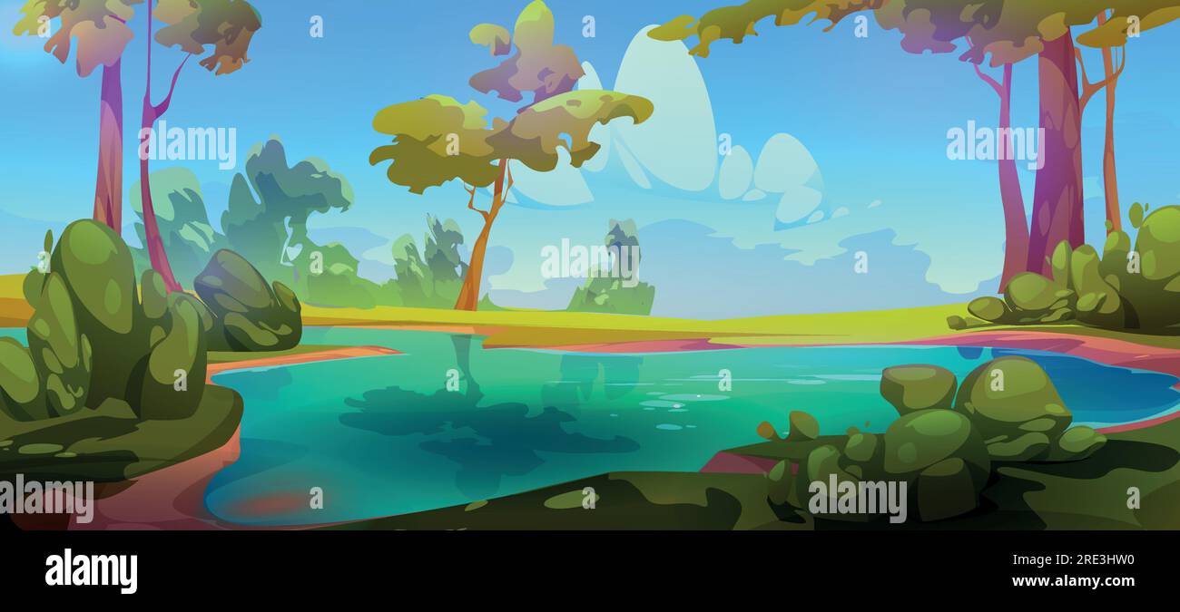 Nature background with lake in forest. Spring landscape with trees ...