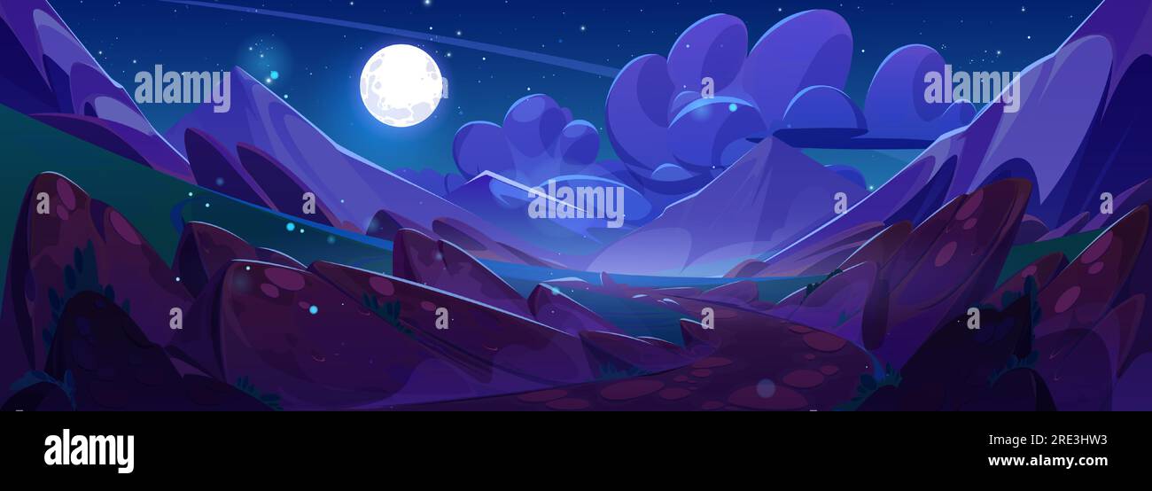 Night mountain landscape with full moon shining in sky. Vector cartoon illustration of beautiful nature, stones and green grass on sides of footpath leading to valley lake, mysterious fireflies in air Stock Vector