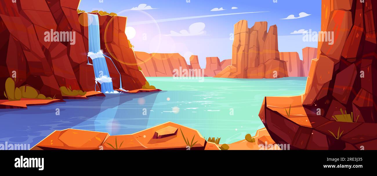 Canyon landscape with river and waterfall. Vector cartoon illustration of water flowing between rocky mountains, green grass on stone cascade, sun shining in blue sky with clouds, prehistoric scenery Stock Vector