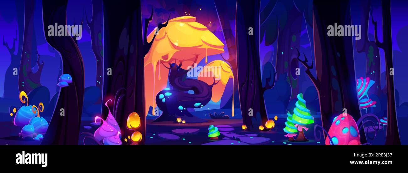 Mysterious forest landscape with fantastic plants glowing in night darkness. Vector cartoon illustration of magic tree, mushrooms and flowers growing on glade. Nature on alien planet. Game background Stock Vector