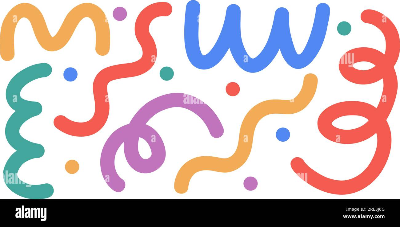 Fun doodle colorful line. Hand drawn squiggle confetti. Childish