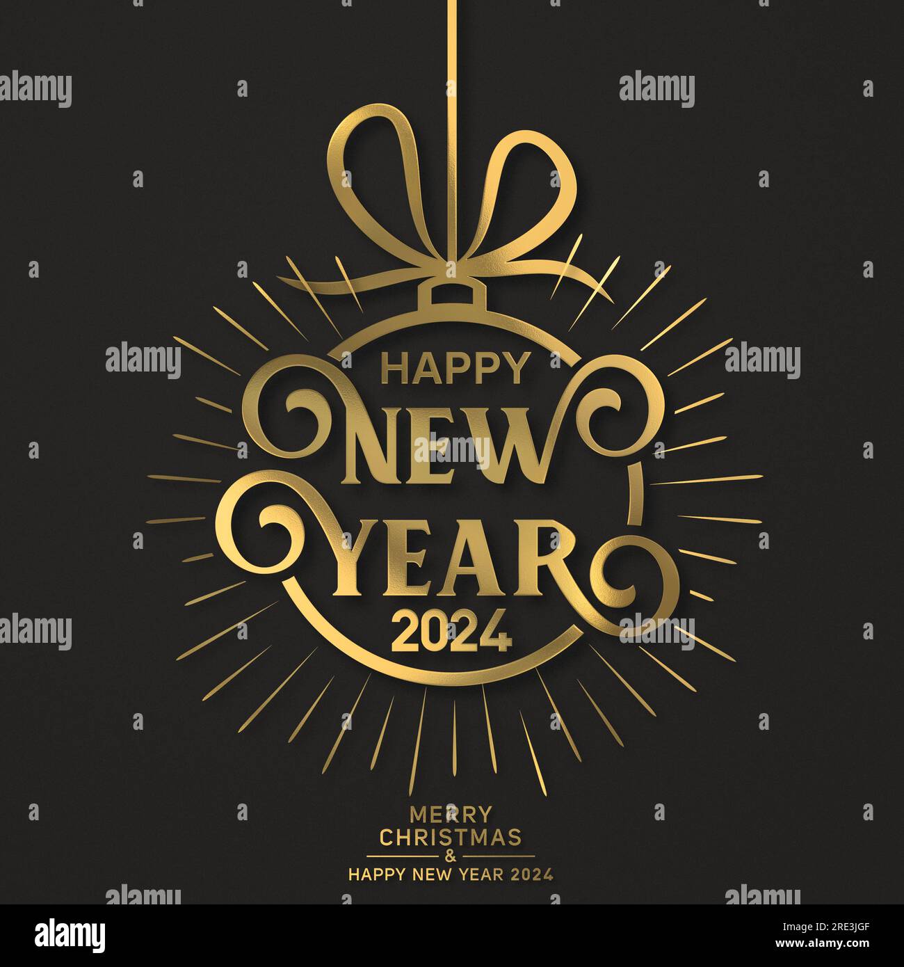 Merry Christmas and Happy New Year 2024 Elegant Golden Design Stock Photo