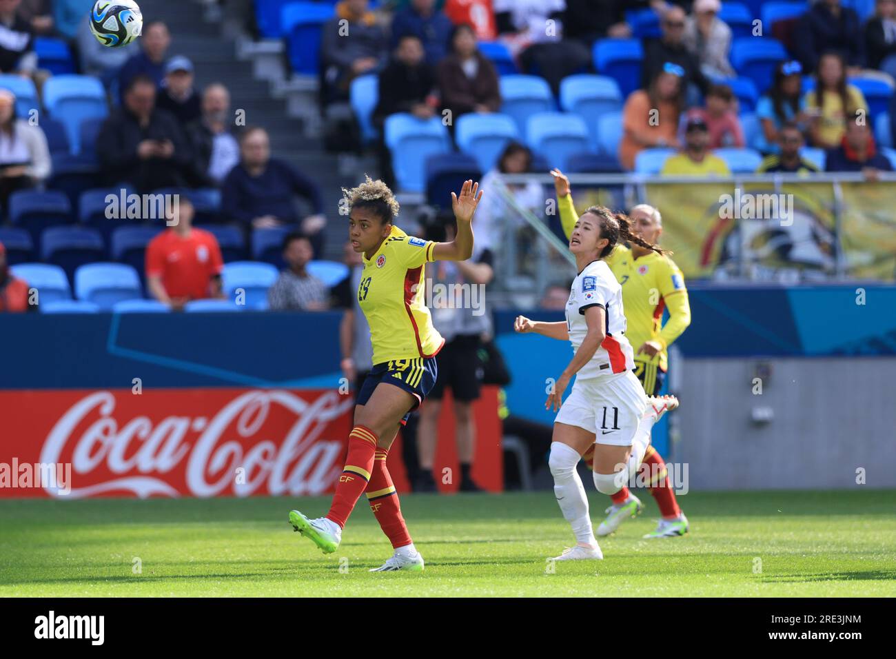 Sydney, Australia. 25th July 2023; Sydney Football Stadium, Sydney, NSW, Australia: FIFA Womens World Cup Group H Football, Colombia versus Korea Republic; Jorelyn Carabali of Columbia heads the ball back to her goalkeeper Credit: Action Plus Sports Images/Alamy Live News Stock Photo