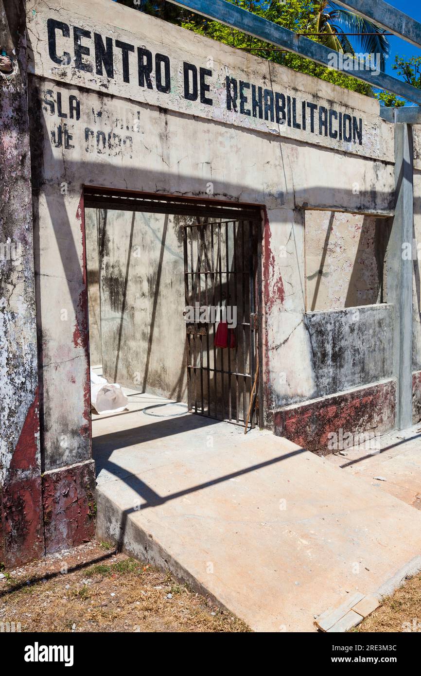 Prison gate at the Coiba Island prison at Isla de Coiba, Pacific coast, Veraguas Province, Republic of Panama, Central America Stock Photo