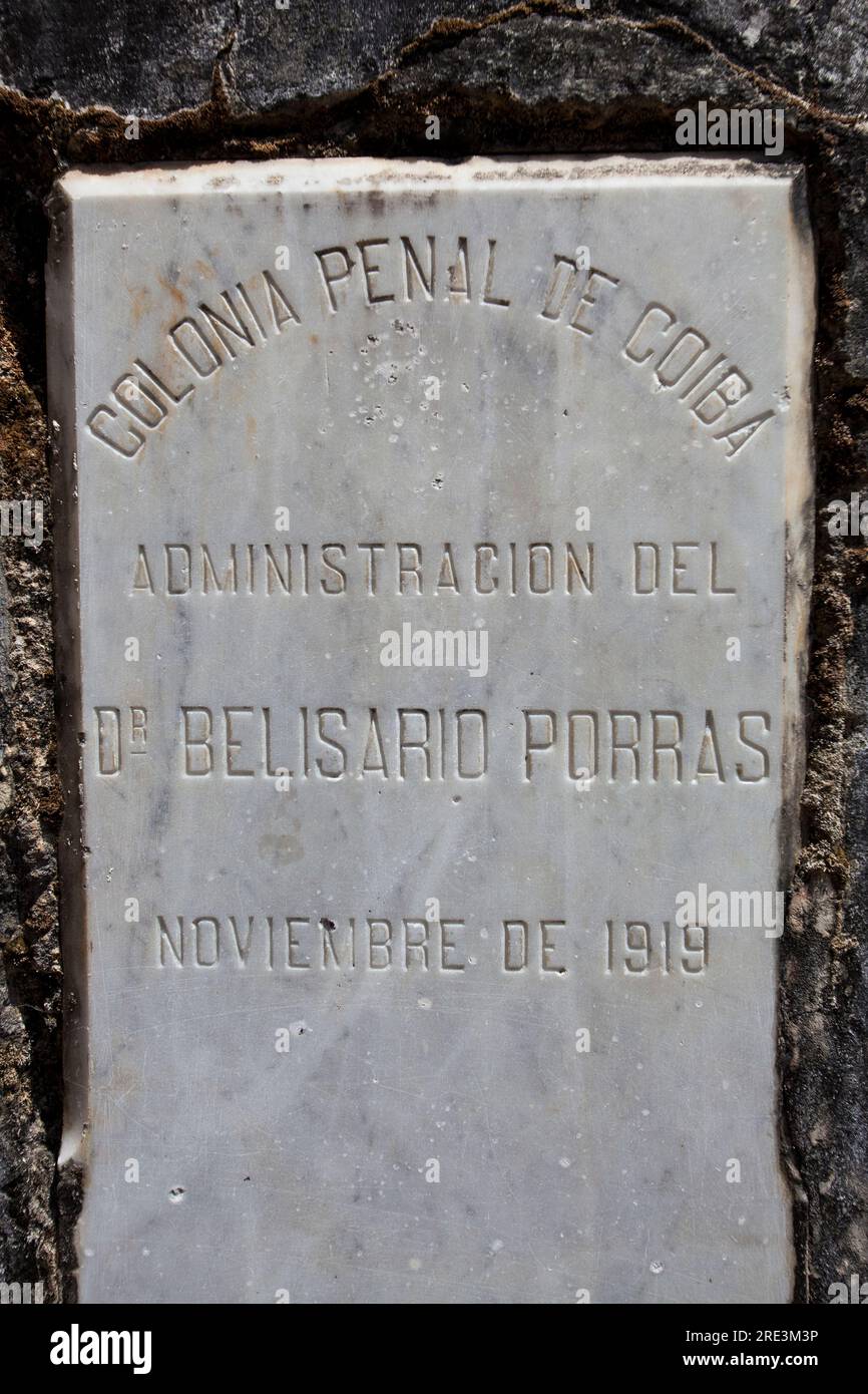 Engraved stone at the Coiba Island prison at Isla de Coiba, Pacific coast, Veraguas Province, Republic of Panama, Central America. Stock Photo
