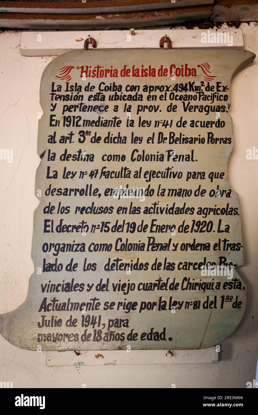 Sign explaining a part of the Coiba Island prison history at Isla de Coiba, Pacific coast, Veraguas Province, Republic of Panama, Central America Stock Photo