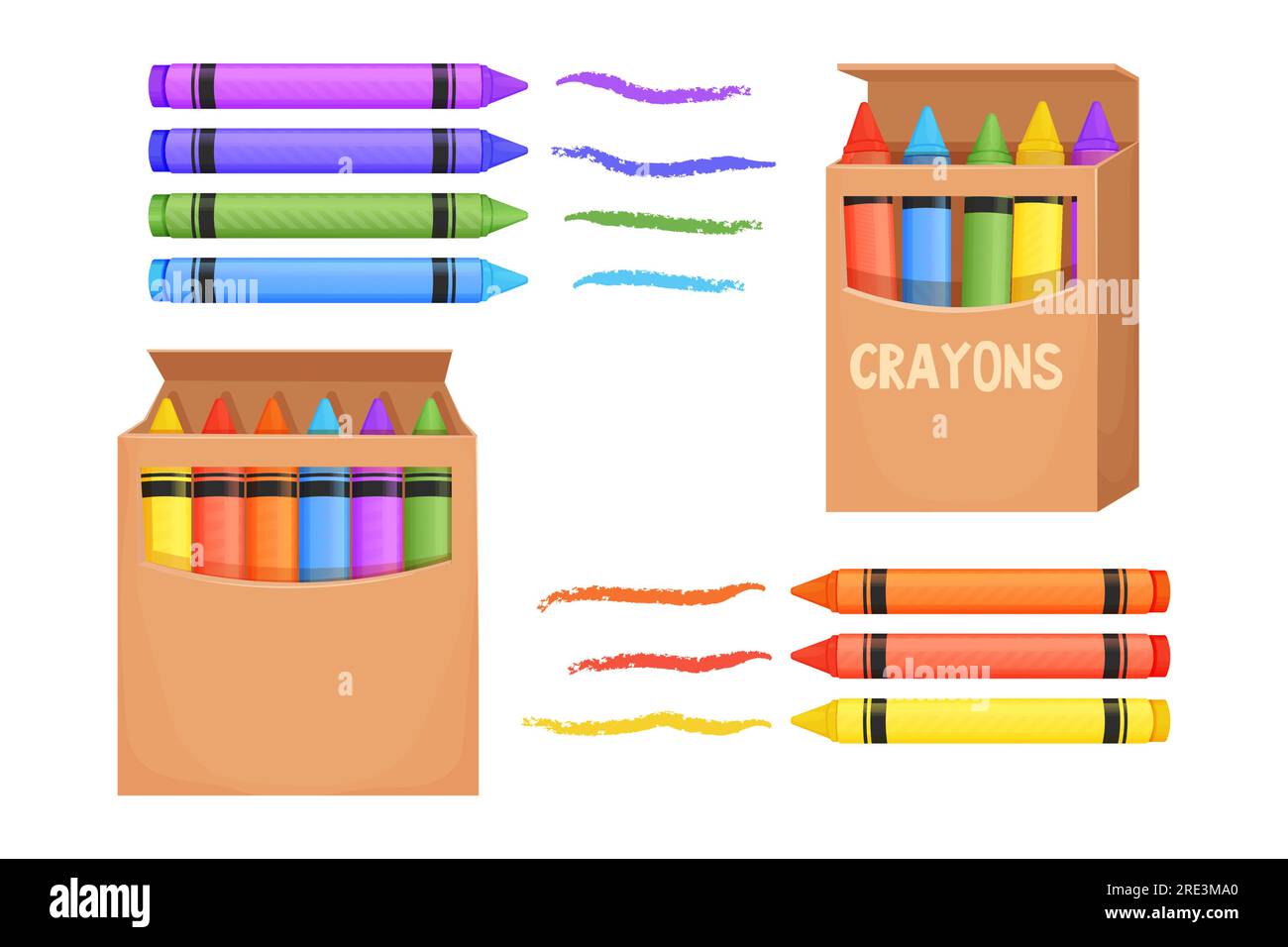 Set Wax crayons in carton box and with brush stroke in cartoon style