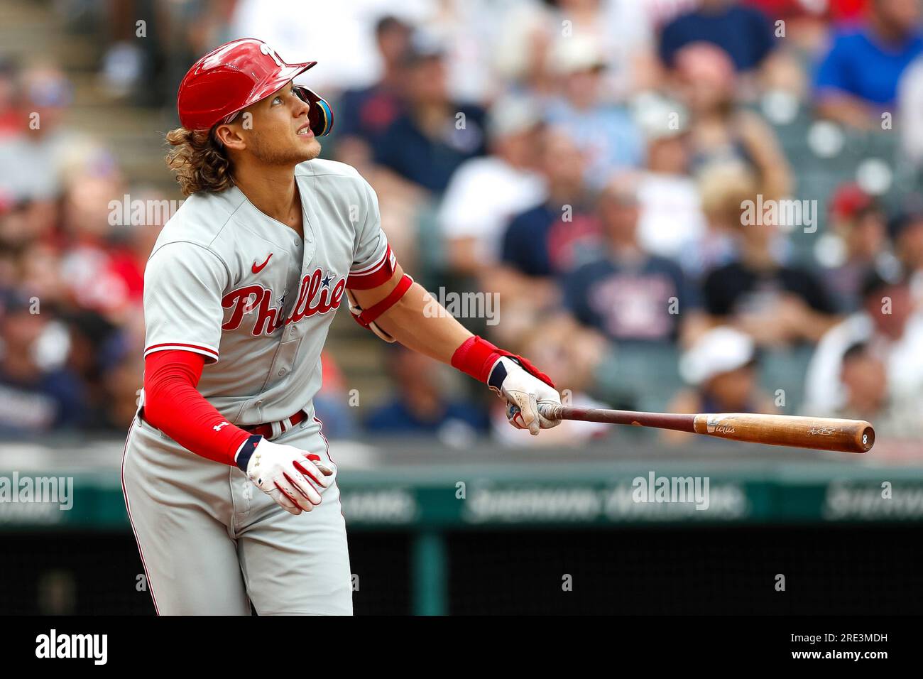 Philadelphia Phillies first baseman Alec Bohm (28) watches his ball in