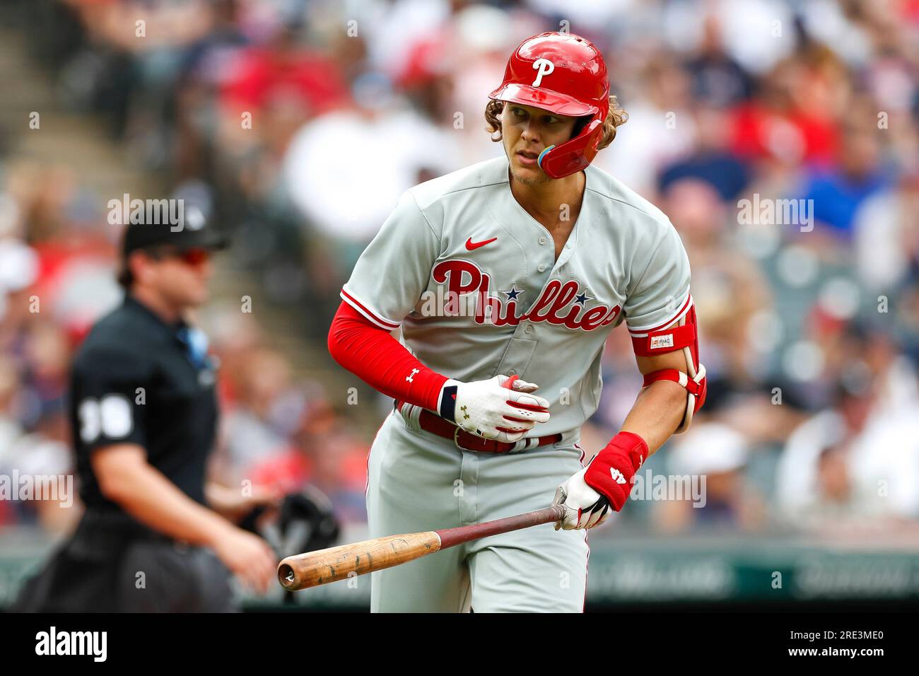 Philadelphia Phillies first baseman Alec Bohm (28) reacts after a pop