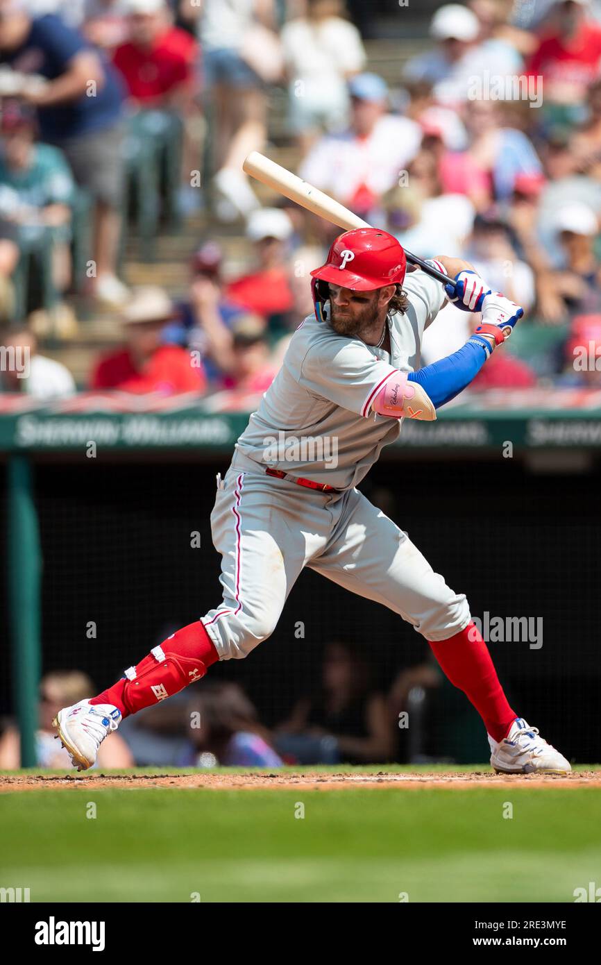 Cleveland, USA. 23rd July, 2023. Cleveland Guardians third baseman Jose  Ramirez (11) in a defensive stance during a MLB regular season game between  the Philadelphia Phillies and Cleveland Guardians, Sunday, July 23