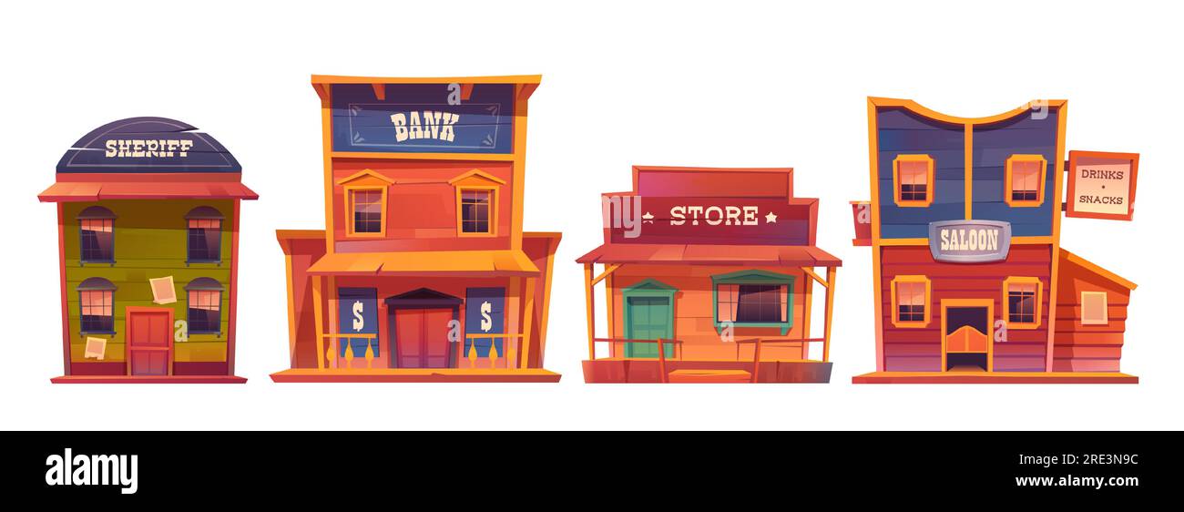 Wild west buildings set. Saloon, bank, sheriff and store wooden traditional western architecture isolated on white background. House exterior, cowboy style design, Cartoon vector clip art Stock Vector