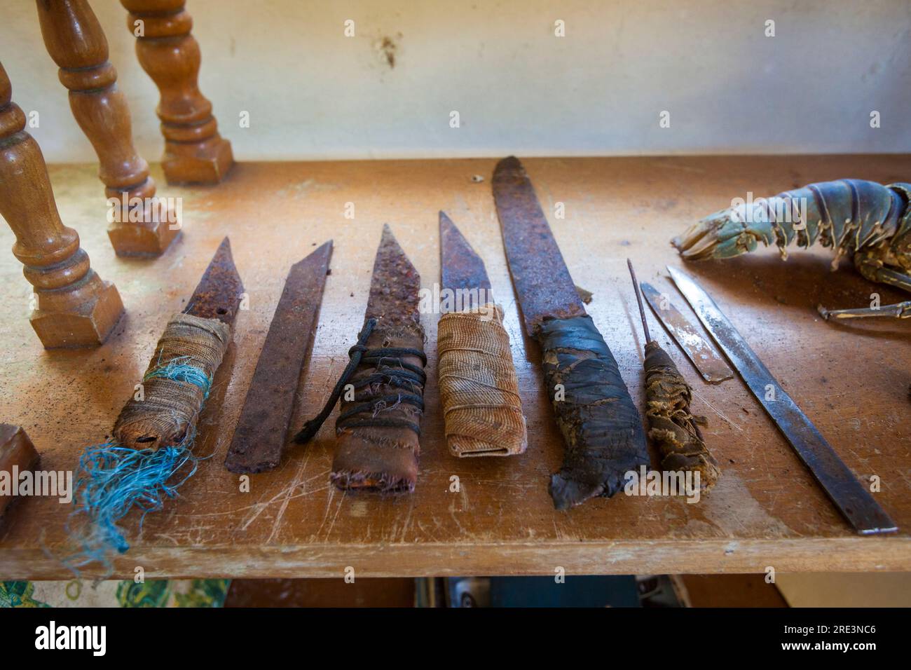A collection of knives made by the former inmates at the Coiba Island prison at Isla de Coiba, Pacific coast, Veraguas Province, Republic of Panama. Stock Photo