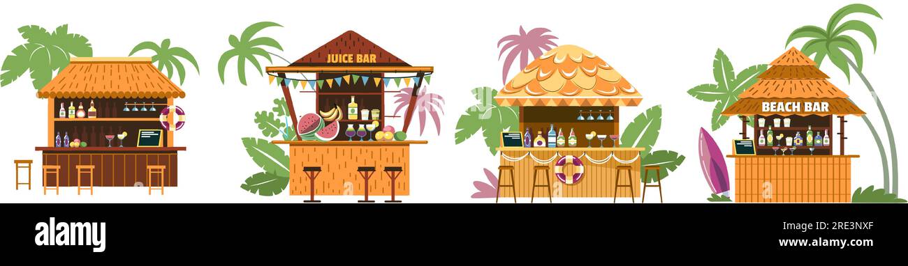 Tropical restaurant or cafe, bungalow building, bar or pub serving meal and drinks. Exotic diner or eating establishment by seaside. Palms and wooden Stock Vector